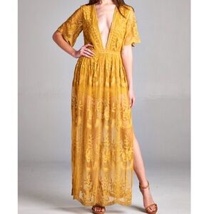 Honey Punch Yellow Lace Boho Romper / Maxi Dress, Size Small, EUC